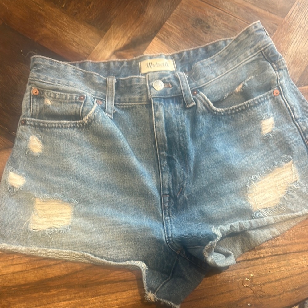 Madewell Blue Jean Shorts with Distressed Raw Hem